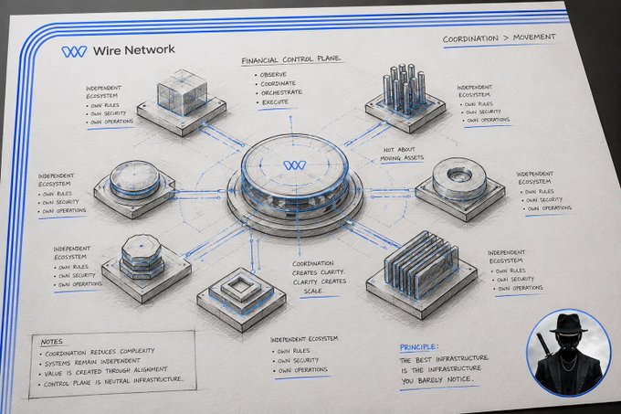 A hand-drawn blueprint-style infographic titled "Wire Network: Coordination > Movement" illustrates a central hub connecting multiple independent blockchain ecosystems (each with "Own Rules, Own Security, Own Operations") through a "Financial Control Plane" that observes, coordinates, orchestrates, and executes. The diagram emphasizes the principle that "The best infrastructure is the infrastructure you barely notice," visually reinforcing the post's message that coordination—not mere connectivity—is the critical backbone for complex multi-chain systems.