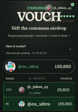 A mobile app screenshot titled "VOUCH... Gift the commons airdrop" from @_johon_43, showing a countdown of 3d 00:55:55 and a leaderboard where @_johon_43 ranks #39 with 25,800 points and @ox_ultra ranks #1 with 165,660 points.