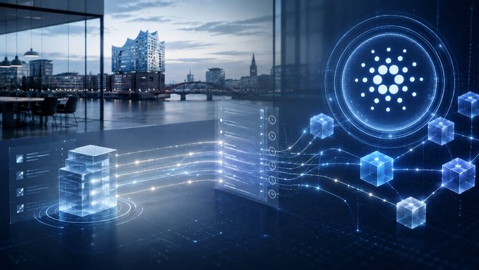 A digital composite image showing a modern office interior with the Elbphilharmonie in Hamburg in the background, overlaid with glowing blockchain and cryptocurrency graphics including the Cardano (ADA) logo.