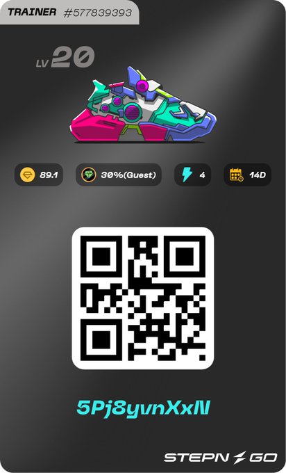 A STEPN GO digital sneaker profile screen showing a trainer (ID #57783993) at level 20 with stats including 89.1 coin balance, 30% (Quest), 4 energy, and a QR code.