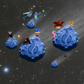 A space scene showing blue asteroids floating in a starfield with various NFT-style characters including astronauts, cats, owls, and other creatures.