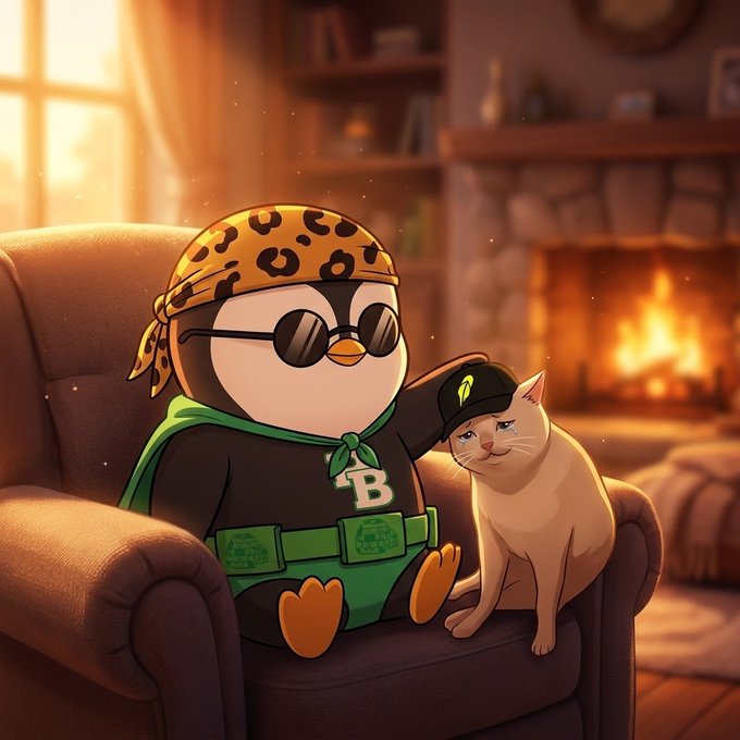 An AI-generated illustration of a cartoon penguin character wearing sunglasses, a leopard-print bandana, and a green utility belt, sitting on a couch next to a beige cat wearing a black cap.