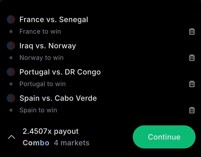 The image shows a text-based image of an e-sports betting app, specifically focusing on the top of its screen displaying information about World Cup bets for different football teams. The top part of the image says "gm ct lost $100 on my first world cup bet so why not do it again lol this time I'm going for a combo that should net me a nice 2.5X and make up for the loss".
