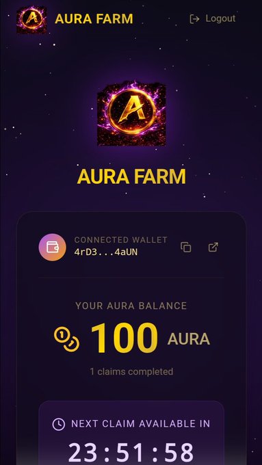 A mobile app interface for "AURA FARM" shows a connected wallet, an AURA balance of 100, and a countdown timer for the next claim.