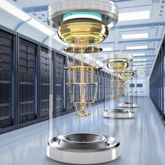 A futuristic server room interior featuring ornate golden quantum computer-like devices encased in glass cylinders, lined up alongside rows of black server racks.