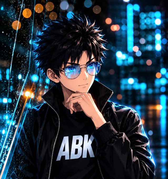 An anime-style illustration of a young man with spiky black hair and blue-tinted glasses, wearing a black jacket and a black shirt displaying the white letters "ABK", set against a blurred city background at night.