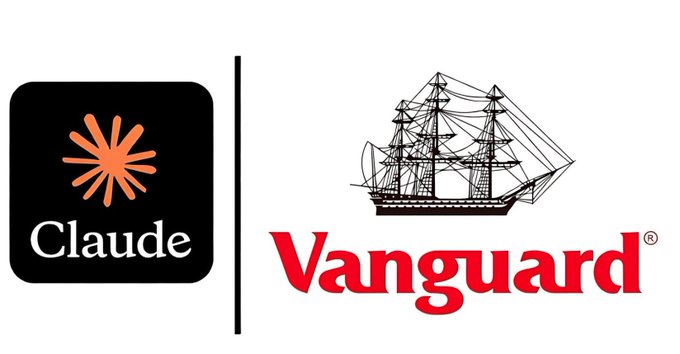 The image shows the Claude AI logo alongside the Vanguard logo, visually representing the post's message that Claude can now perform stock market research comparable to professional financial analysts at firms like Vanguard. The pairing illustrates how AI can potentially replace traditional investment research services at no cost.