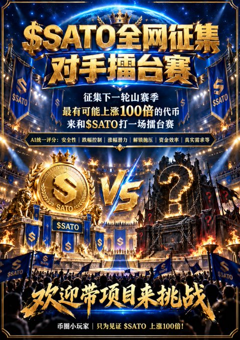 A promotional poster in Chinese advertises a $SATO cryptocurrency competition, challenging opponents to a match in the next altcoin season, with promises of 100x gains.