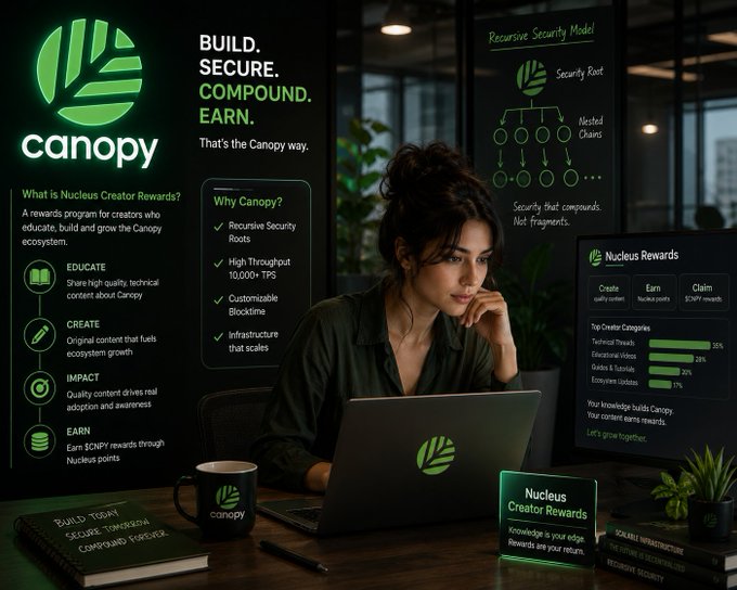 Promotional image for Canopy's Nucleus Creator Rewards program, featuring a woman at a laptop surrounded by text detailing features like 'Recursive Security Roots', 'High Throughput 10,000+ TPS', and 'Customizable Blocktime'.