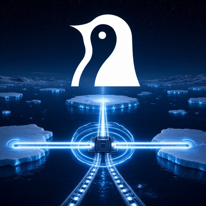 A futuristic digital artwork depicting a glowing white bird-like logo above a metallic structure emitting bright blue neon beams of light across an icy ocean landscape with icebergs under a starry sky.