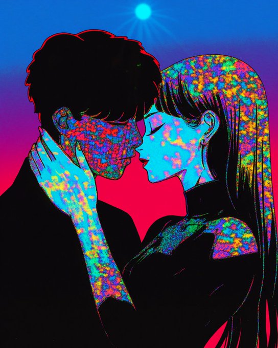 The image features a man and woman embracing each other, with their faces covered by colorful paint splatters. The background of the image is a gradient of blue and red colors, creating an artistic and surreal atmosphere. The caption below the image reads "Good morning Web3 Still building with @Wallchain Watching @RiverdotInc keep shipping and rewarding consistency". This suggests that the artist who created this digital illustration might be working on a project related to cryptocurrency or blockchain technology, as they are using their art to promote and engage with the crypto community.