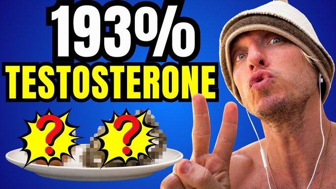 A YouTube thumbnail featuring a man in a bucket hat making a peace sign next to a graphic showing '1930% TESTOSTERONE' over a plate of pixelated food with question marks.