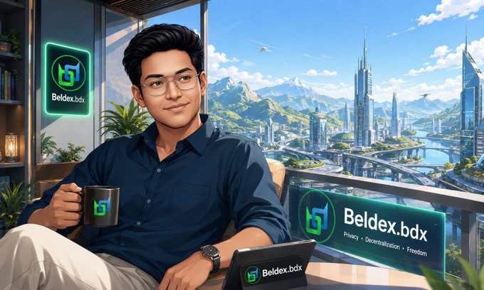 An illustrated man in a blue shirt holds a mug in a room overlooking a futuristic city, with neon signs and digital displays reading "Beldex.bdx".