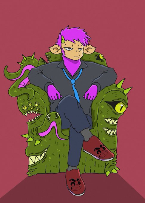 A digital illustration of a character with purple hair and horns sitting on a green, multi-eyed monster throne against a red background.