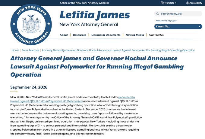 A screenshot from the New York Attorney General's office website, showing a press release dated September 24, 2026, titled 'Attorney General James and Governor Hochul Announce Lawsuit Against Polymarket for Running Illegal Gambling Operation.'
