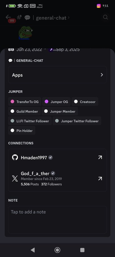 A mobile app screen showing a 'general-chat' channel with a 'JUMPER' section listing roles like 'TransferTo OG', 'Jumper OG', 'Creatoor', and connections including 'Hmaden1997' and 'God_f_a_ther'.