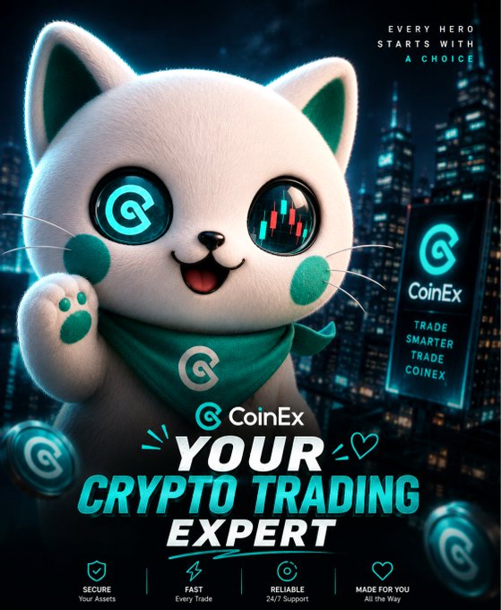 A CoinEx promotional advertisement featuring a cute white cat mascot with the tagline "Your Crypto Trading Expert" and features like Secure, Fast, Reliable, and Made For You.
