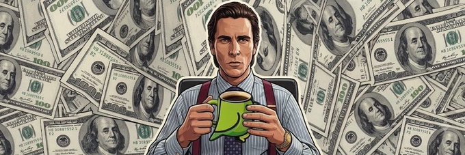 A man calmly holds a green coffee mug while surrounded by a chaotic flurry of $100 bills featuring Benjamin Franklin's portrait, visually capturing the juxtaposition of "insane" market conditions and unexpected gains referenced in the post about the two meme tickers—one surging 10x and the other climbing from 19k.