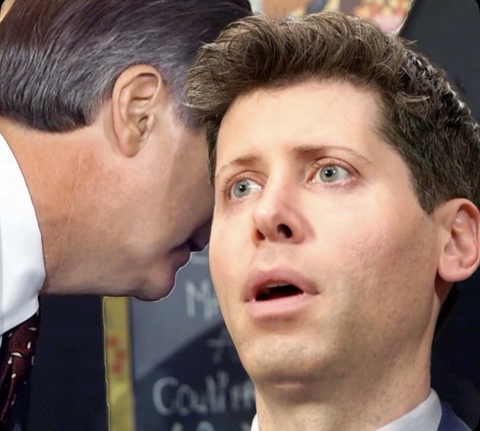 A man with a stunned expression gazes upward as another man leans in to whisper in his ear, against a backdrop that appears to include partial text reading "Co" and "M." The image humorously illustrates the post's claim about a new AI router that pays users back for using tokens, capturing the listener's shocked reaction to what sounds like an unbelievable revelation.