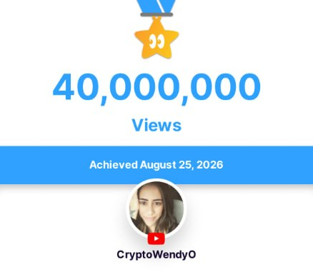 The image shows a YouTube Creator Award-style graphic featuring a gold play button medal and the text "40,000,000 Views" achieved on August 25, 2026, credited to the channel "CryptoWendyO" with her profile photo displayed below. The graphic celebrates her milestone of reaching 40 million views and over 3,500 pieces of content, reinforcing her message encouraging aspiring creators to simply start.