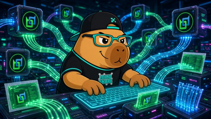 A cartoon capybara wearing a backwards cap and glasses types on a glowing teal keyboard, surrounded by neon monitors displaying the "bd" logo and interconnected data streams.

Shirt reads: **"WINES SHARE"**

The image visually reinforces the post's message of dual functionality — the capybara operator at a single hub simultaneously managing blockchain and encrypted communication networks, with the flowing data streams symbolizing how one masternode handles both block signing and BChat/BelNet packet routing in parallel.