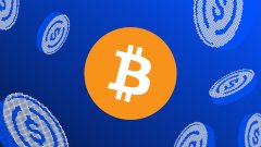 A graphic illustration of an orange Bitcoin logo surrounded by floating dollar signs on a blue background.