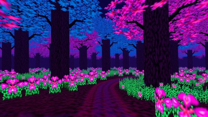 A retro-style pixel art forest scene with tall trees and pink flowers under a dark sky with pink and blue hues.