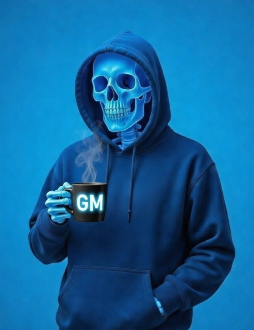 A 3D-rendered figure wearing a dark blue hoodie with a skull head holds a black mug labeled 'GM' with steam rising from it, set against a blue background.