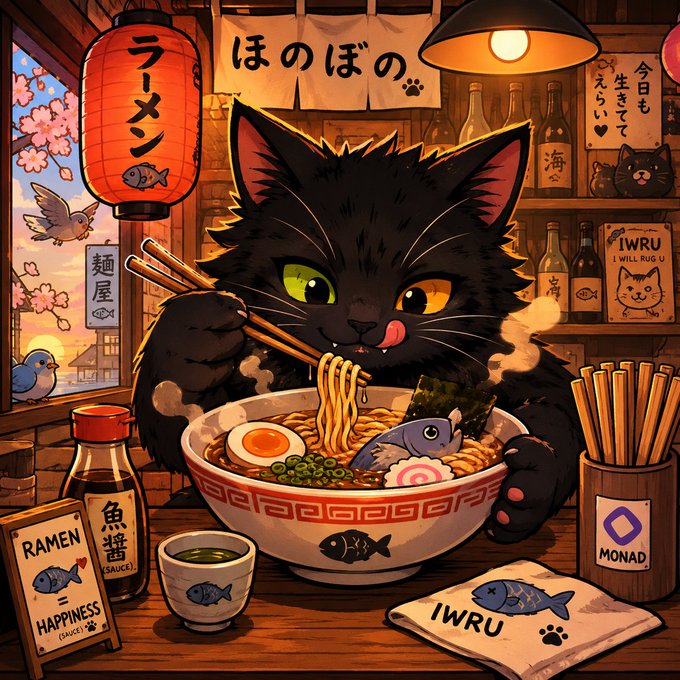 An illustration of a black cat with heterochromia licking its lips while eating from a large bowl of ramen with chopsticks, surrounded by Japanese text on lanterns and signs, bottles, and accessories like an "IWRU" fish design and a "MONAD" cup.