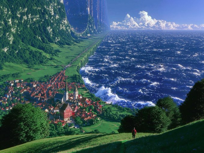 A lone figure stands on a grassy hillside overlooking a coastal village nestled between towering cliffs and a vast ocean, capturing the sense of escape and tranquility the post associates with personalized sleep advice from @sleepagotchi ($SLEEP). The serene landscape visually echoes the idea of finding calm and a personalized routine away from overwhelming generic advice.