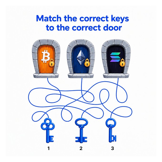 The image is a maze puzzle titled "Match the correct keys to the correct door," featuring three locked doors labeled with Bitcoin (B), Ethereum, and Solana logos connected by tangled blue strings to three keys numbered 1-3 below. The accompanying caption encourages viewers to "choose your key wisely," using the puzzle as a metaphor for navigating cryptocurrency investment decisions and choosing which blockchain door to enter first.