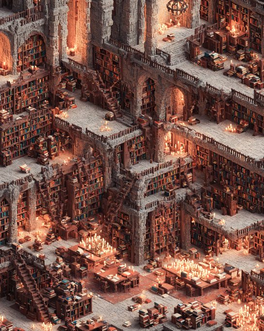 An intricate, isometric illustration depicts a multi-level library with towering bookshelves, staircases, and lit candles.