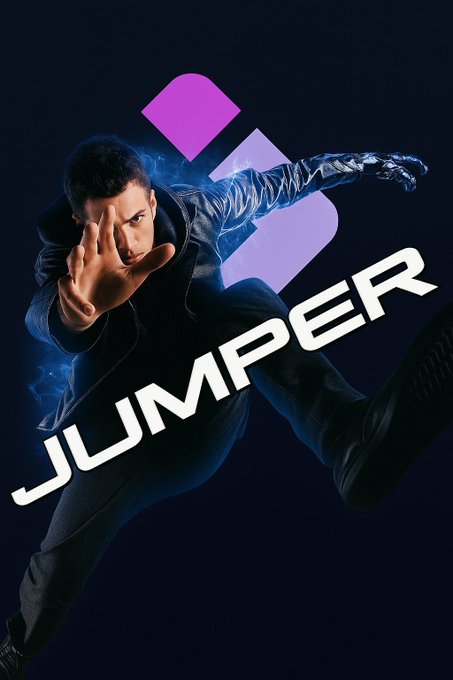 A dynamic poster showing a man in a jacket performing a martial arts kick, with the word "JUMPER" displayed in stylized white text against a dark purple background with a logo.