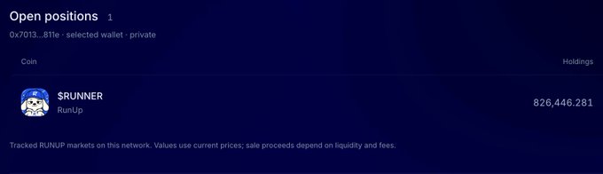 A digital wallet interface displays an open position for '$RUNNER' token with holdings of 826,446,281 units.