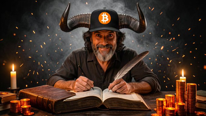 A bearded man wearing a Bitcoin-logo cap with ram horns writes in a leather-bound ledger with a feather quill, surrounded by lit candles, coins, and a dark, smoky background.