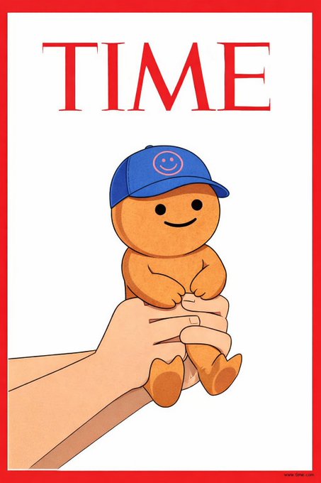 A TIME magazine-style cover illustration featuring a smiling gingerbread-man-like character wearing a blue cap with a smiley face logo, being held by hands.
