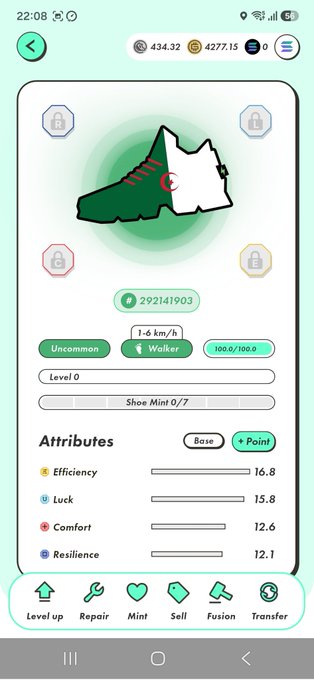 The image shows a STEPN app screen displaying a green sneaker NFT classified as "Uncommon" Walker, at Level 0 with 0/7 Shoe Mints, priced at 292141903 coins, featuring attributes like Efficiency 16.8, Luck 15.8, Comfort 12.6, and Resilience 12.1. The post discusses a World Cup country skin event where the user performed two enhancements without getting a strong country, with Algeria still remaining as an option for another enhancement attempt before July 4th at 9 AM.