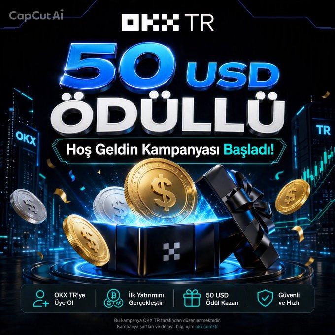 A promotional advertisement for OKX TR's welcome campaign featuring large text "50 USD ÖDÜLLÜ" (50 USD Reward) alongside "Hoş Geldin Kampanyası Başladı!" (Welcome Campaign Has Started!), displaying golden dollar coins emerging from a blue gift box against a dark cityscape background with the OKX TR logo. The image visually reinforces the post's message of earning up to 50 USDT in rewards by joining OKX Turkey and completing tasks like registering, making deposits, or crypto transfers.
