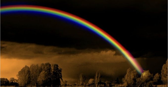 A vibrant rainbow arching across a dark, stormy sky above a silhouetted landscape of trees, with golden lighting illuminating the clouds near the horizon.