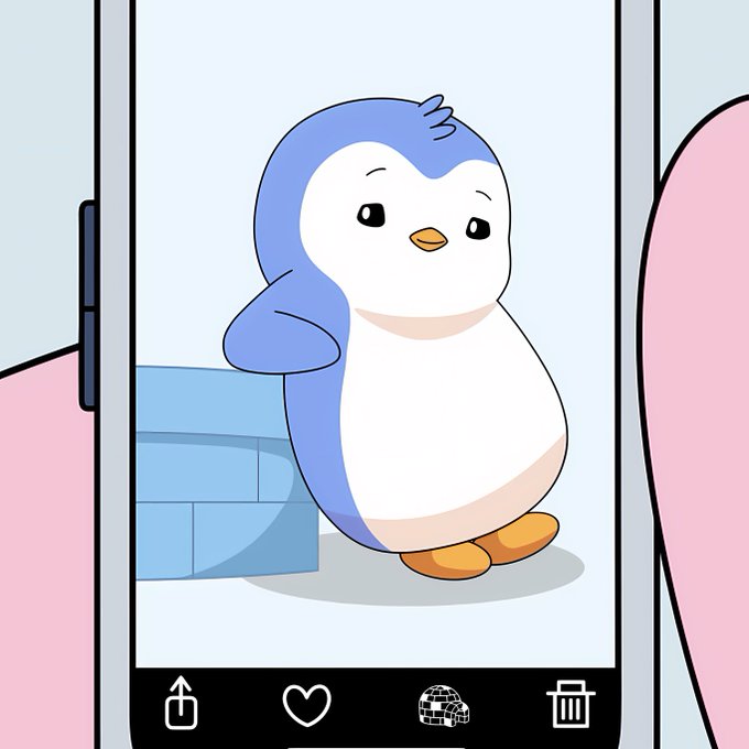 An illustration shows a cute, cartoon penguin displayed on a smartphone screen with photo app icons (share, heart, globe, delete) at the bottom.