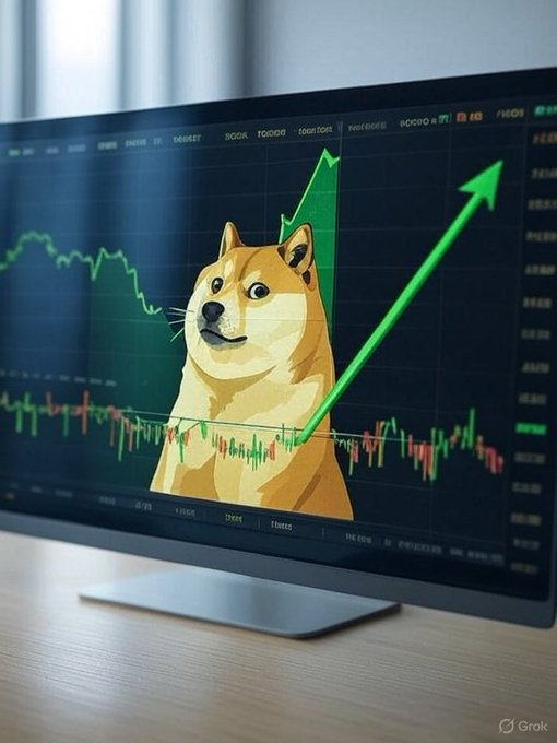 A computer monitor displays a Shiba Inu (Doge) mascot alongside a candlestick chart with a dramatic green arrow surging upward, visually echoing the post's message about Dogecoin's potential "parabolic comeback." The stock-style interface with green bullish candles reinforces the optimistic, "fasten your seatbelts" sentiment of imminent price explosion.