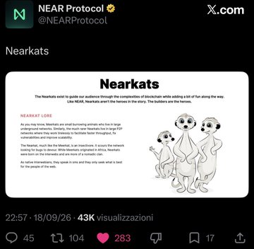 A X.com (Twitter) post from NEAR Protocol (@NEARProtocol) introducing 'Nearkats,' illustrated with a cartoon of three meerkat-like creatures and explaining the NFT mechanics.