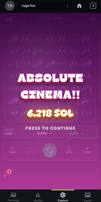 A mobile app screenshot for 'rugs.fun' displays an 'ABSOLUTE CINEMA!! 6.218 SOL' message on a purple background.