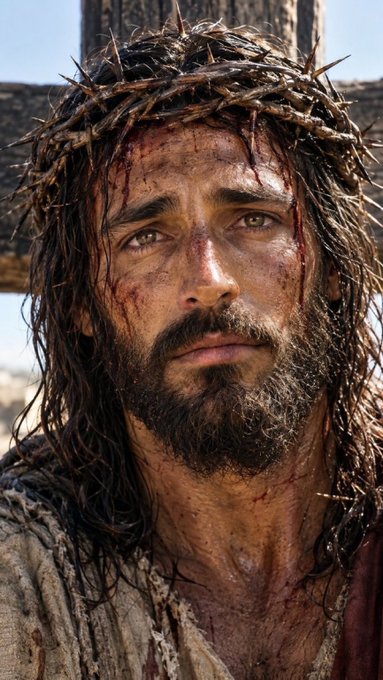 A close-up image of a man wearing a crown of thorns with blood on his face, depicting a classic portrayal of Jesus Christ.