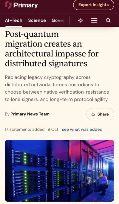 A news article from Primary titled 'Post-quantum migration creates an architectural impasse for distributed signatures' dated 9 Oct, featuring an image of a person in a server room.
