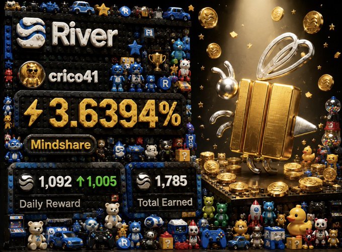 A promotional graphic for 'River' showing 3.6394% Mindshare with 'crico41' user, displaying Daily Reward of 1,092 and Total Earned 1,785, alongside a gold beetle-like collectible.