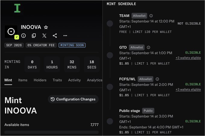 A screenshot shows the minting schedule for "INOOVA," detailing phases like "TEAM," "GTD," and "FCFS/WL," with the project marked as "MINTING SOON."