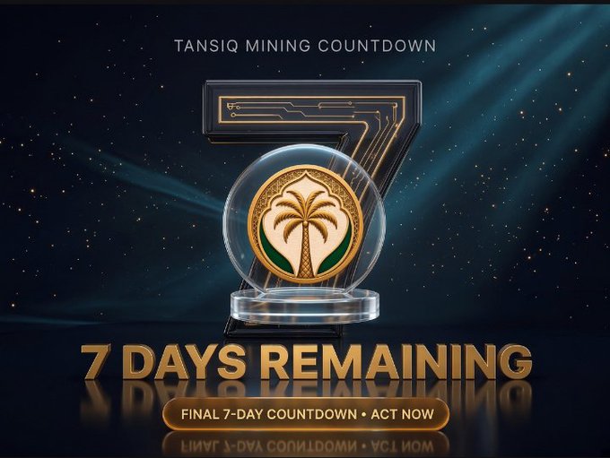 A promotional countdown graphic for the TANSIQ token displays "TANSIQ MINING COUNTDOWN" at the top and "7 DAYS REMAINING" in bold gold lettering at the bottom, with a "FINAL 7-DAY COUNTDOWN • ACT NOW" banner. The central design features a golden coin emblazoned with a palm tree encased in a glass sphere, set against a starry, futuristic background with circuit-board motifs forming the number "7"—visually reinforcing the post's urgent message that only 7 days remain for $TANSIQ token mining.