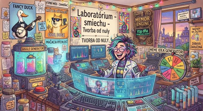 A colorful, chaotic cartoon illustration of a 'Laboratorium smiechu' featuring a smiling scientist with wild hair working at multiple computer monitors displaying charts. The lab is cluttered with various contraptions like a 'GIGGLE GENERATOR', jars, and posters including one for 'FANCY DUCK'.