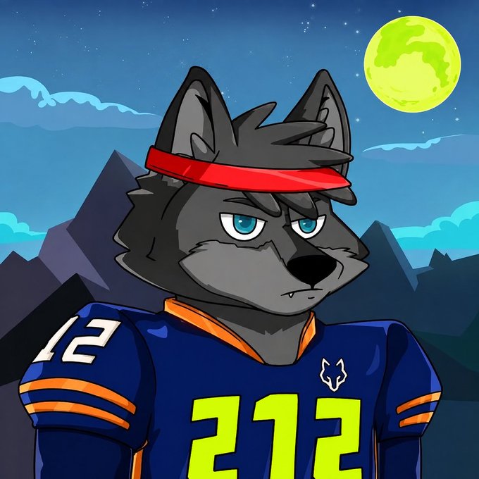 An animated grey wolf character wearing a red headband and a blue sports jersey with the number '212' stands against a night sky background featuring a yellow moon and mountains.